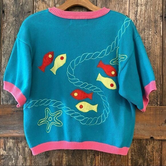 Renso Fabiani 1980’s Vintage Turquoise 2 Sided Fabric Fish Short Sleeve Sweater - Picture 3 of 8
